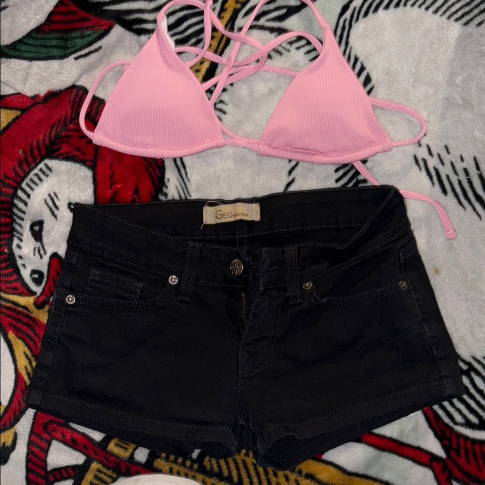 BUNDLE - Pink Bikini Top and Black Denim Shorts